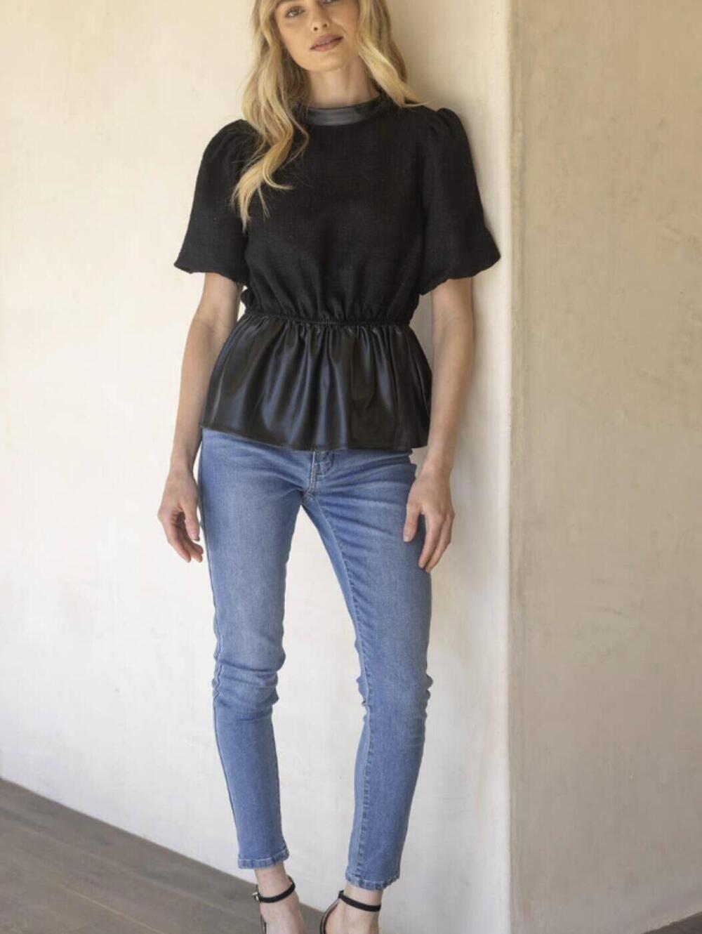 VOY Black Mixed Media Short Sleeve Peplum Top - Size - Small